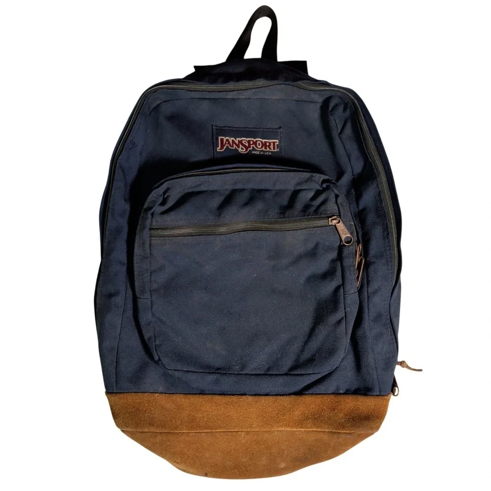 Vintage Jansport Backpack Suede Leather Bottom Retro 90's Book Bag Blue School